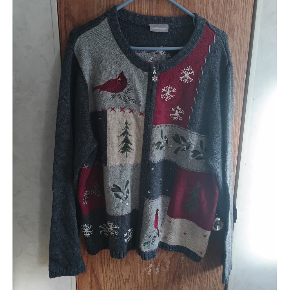 Vintage 90s Cardinal Bird Zip Cardigan Patchwork Ramie Silk Holiday Grandmacore